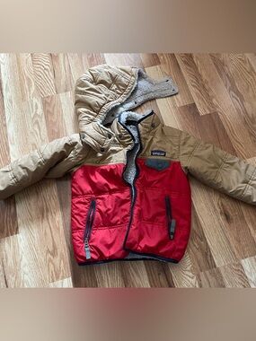 Patagonia Red and Tan Insulated Sherpa Hooded Puffer